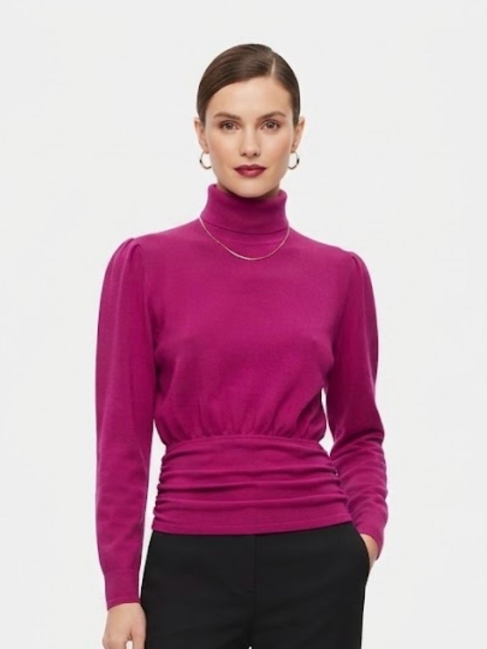 Vintage Valentino Miss V Magenta 100% Wool Turtleneck Ruched Waist Sweater 42